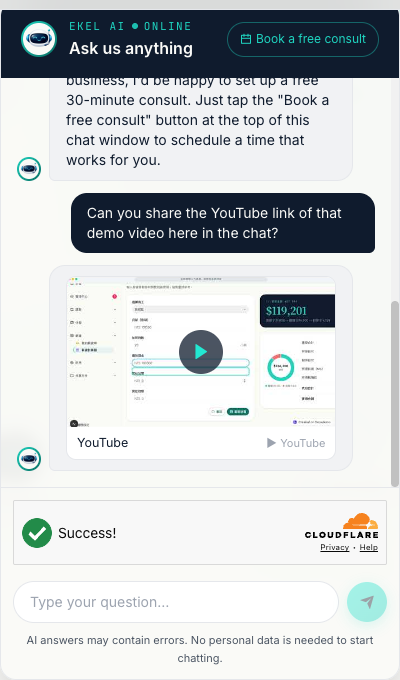 Screenshot of the EKel website AI Agent service bot chat interface